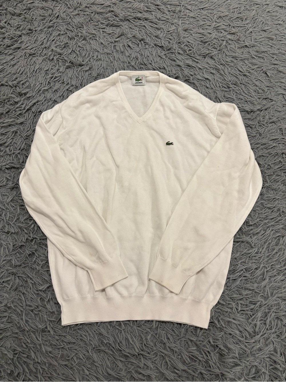 Lacoste Mens V-Neck Sweater Cream White Large Cotton Knit Pullover Size 5 Preppy